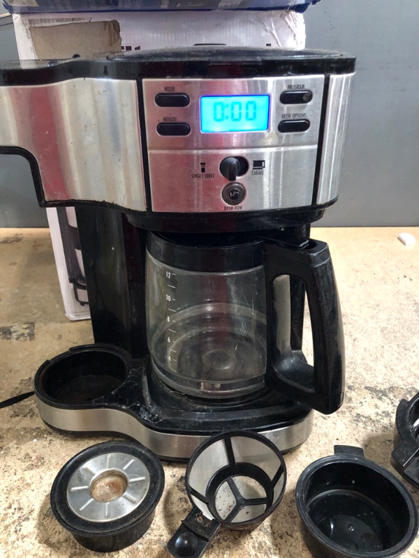 Photo 1 of Hamilton Beach 2-Way 12 Cup Programmable Drip Coffee Maker & Single Serve Machine, Glass Carafe, Auto Pause and Pour, Black (49980A)
******NEEDS TO BE CLEANED******
