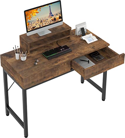 Photo 1 of AIYUN Computer Desk with Drawers, Home Office Desk with Storage, Workstation Stand desks, Study Table for Small Space, Laptop Table Made of Wood and Metal, 39.4" Vintage