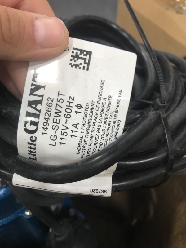 Photo 3 of **USED**
Little Giant LG-SEW75T 115 Volt, 3/4 HP, 8400 GPH Cast Iron Sewage Pump with Tethered Switch and 20-Ft. Cord, Blue, 14942662 8400 GPH, 20-ft. Cord