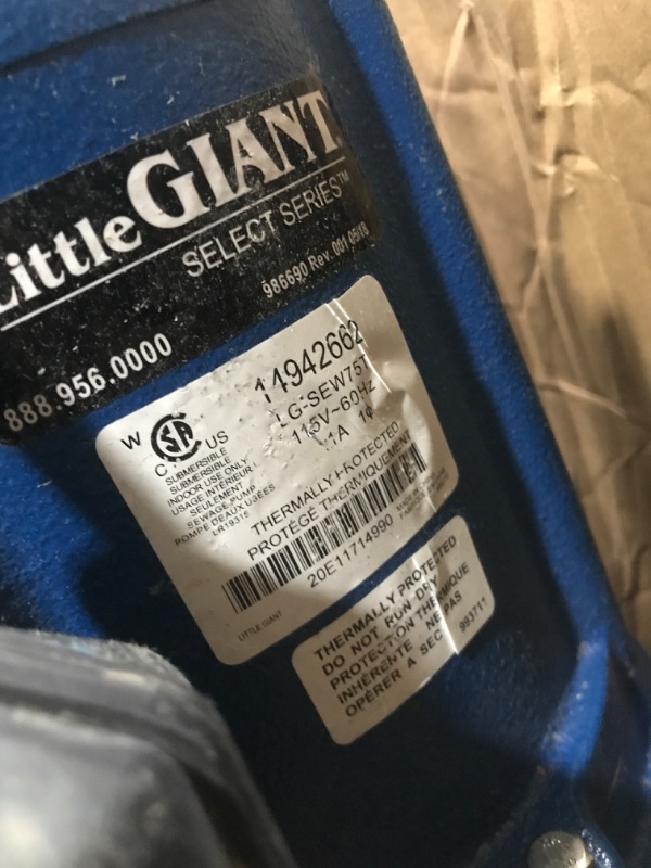 Photo 4 of **USED**
Little Giant LG-SEW75T 115 Volt, 3/4 HP, 8400 GPH Cast Iron Sewage Pump with Tethered Switch and 20-Ft. Cord, Blue, 14942662 8400 GPH, 20-ft. Cord