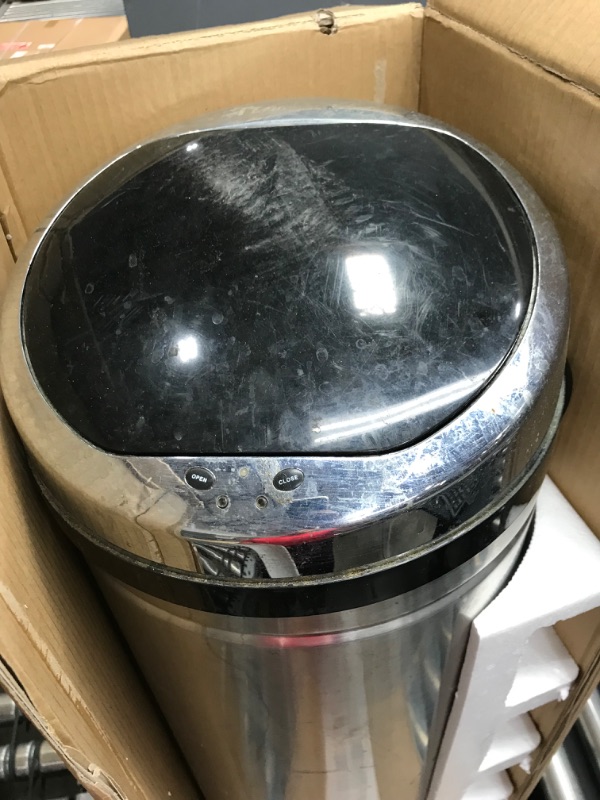 Photo 1 of *MISSING POWER CORD, AND IS DIRTY * iTouchless 13 Gallon Touchless Sensor Trash Can with Odor Filter System, Round Steel Garbage Bin, Perfect for Home, Kitchen, Office, Alpine White 13 Gal
