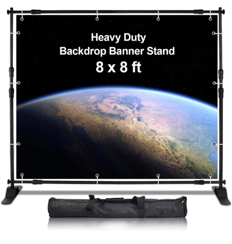 Photo 1 of AkTop 8x8 ft Heavy Duty Backdrop Banner Stand Kit, Adjustable Photography Step and Repeat Stand for Parties, Portable Trade Show Photo Booth Background with Carrying Bag 