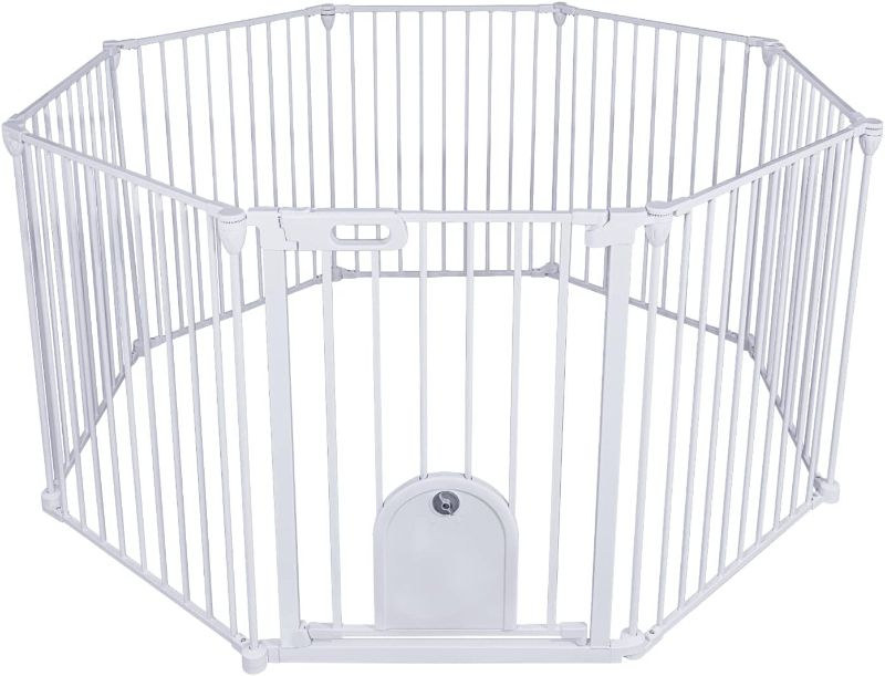 Photo 1 of 196-Inch Super Wide Adjustable Baby Gate and Play Yard, 4-in-1, Safety Playpen - Fireplace Fence for Toddler/Pet/Dog,Bonus Kit, Includes 4 Pack of Wall Mounts,8 Panels (29" H-White)
