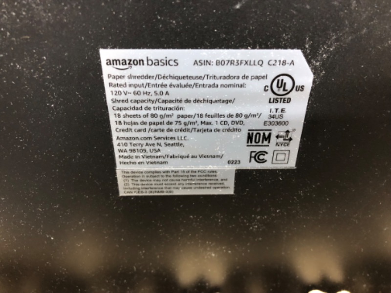 Photo 3 of *** USED *** Amazon Basics 18-Sheet Cross-Cut Paper, CD, and Credit Card Shredder, Black 18 Sheet Shredder