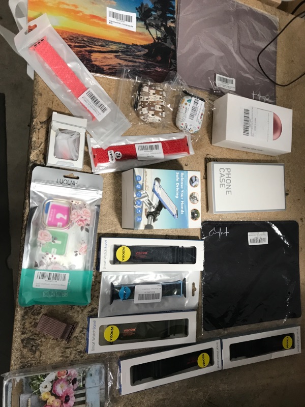 Photo 1 of 19 pack assorted phone case i phone , watch band apple and samsung, air pod 2 cases, mouse pads and hand warmer
