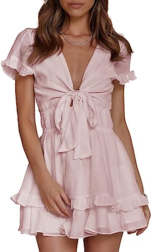 Photo 1 of AlvaQ Womens Summer Knot Front Sundress V Neck Ruffles Short Sleeve Swing Mini Dress
