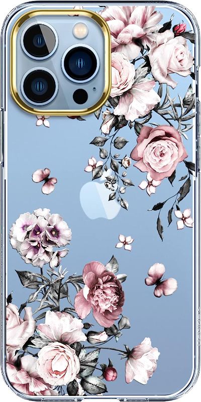 Photo 1 of luolnh Compatible with iPhone 13 Pro Case with Flower,for Girly Women,Shockproof Clear Floral Pattern Hard Back Cover for iPhone 13 Pro 6.1 inch 2021-Peach Blossom