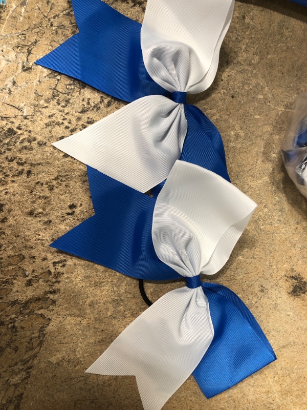 Photo 2 of  Large Cheer Hair Bows Ponytail Holder Elastic Band Handmade for Cheerleading Teen Girls College Sports (10Pcs) (Royal blue/White)