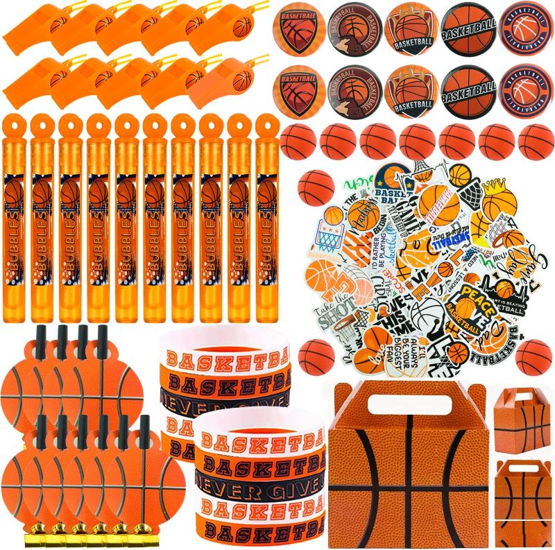 Photo 1 of 120pcs Basketball Party Favors Birthday Supplies for Kids-Bouncy balls, Button Badges, Stickers, Wristbands, Whistles, Bubbles, Blower Whistles, Goodie Bags for Prizes Carnival Boys Girls Gifts
