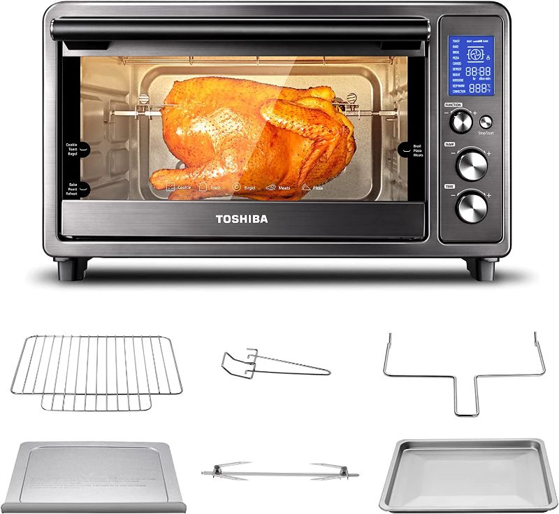 Photo 1 of Toshiba Speedy Convection Toaster Oven Countertop with Double Infrared Heating, 10-in-1 with Toast, Pizza, Rotisserie, Larger 6-slice Capacity, 1700W, Black Stainless Steel, Includes 6 Accessories
