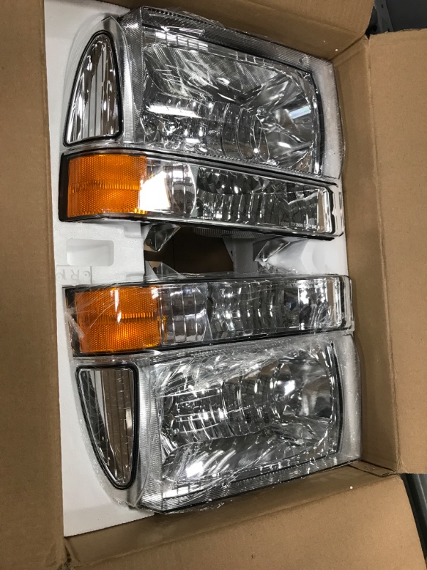 Photo 2 of DWVO Headlight Assembly Compatible with 1999-2004 Ford F-250 F-350 F-450 F-550 Super Duty Pickup Truck + Signal Lamps Chrome Housing Clear Lens Amber Reflector Chrome+Clear Lens