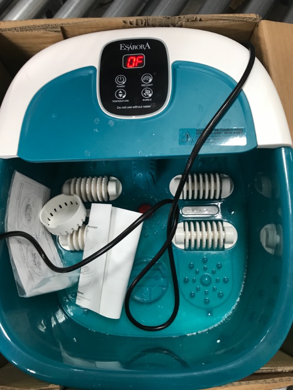 Photo 2 of Foot Spa, ESARORA Foot Bath Massager with Heat, Bubbles, Pumice Stone, Medicine Box, Temperature Control, Red Light, Ergonomic Massage Rollers and Acupressure Massage Points, Soothe & Relax Tired Feet Lake Green