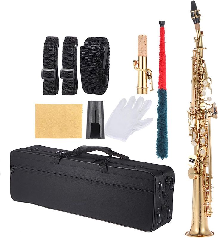 Photo 1 of ***MISSING COMPONENTS*** Brass Straight Soprano Sax Saxophone Bb B Flat Woodwind Instrument Natural Shell Key Carve Pattern with Carrying Case Gloves Cleaning Cloth Straps Cleaning Rod
