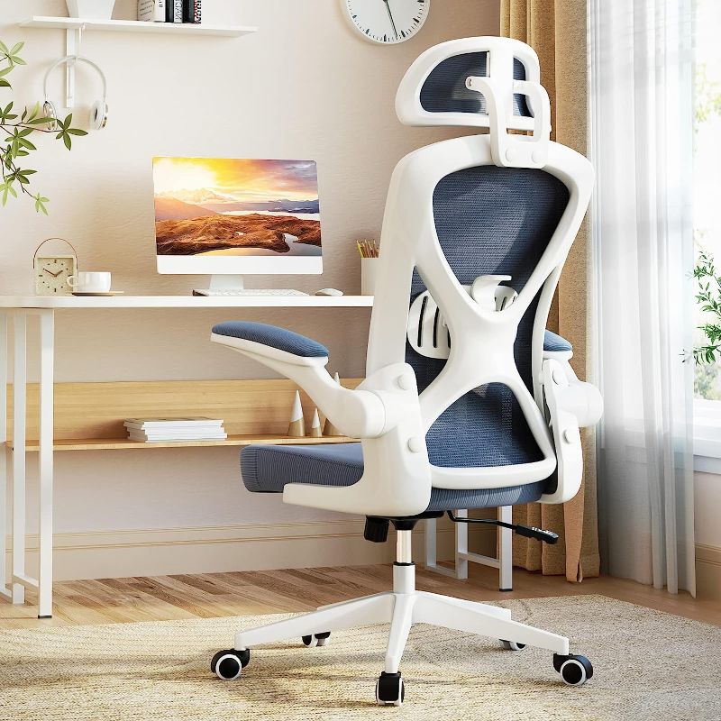 Photo 1 of kenvc Office Chair, Ergonomic Office Chair with Headrest and Lumbar Support, Adjustable Mesh Home Office Chair with Flip-up Arms, Ergonomic Chairs for Home Office, Study, Gaming, Grey
