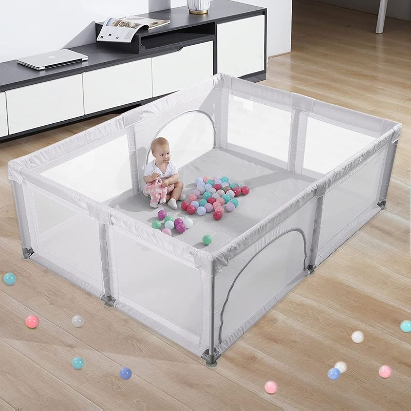 Photo 1 of Calody Baby Playpen, Playpen for Babies, Extra Large Play Yard for Infants Toddlers, Indoor Safety Kids Activity Center, Anti Fall Baby Fence with Window Gates(79x59x27 Inches, Grey)