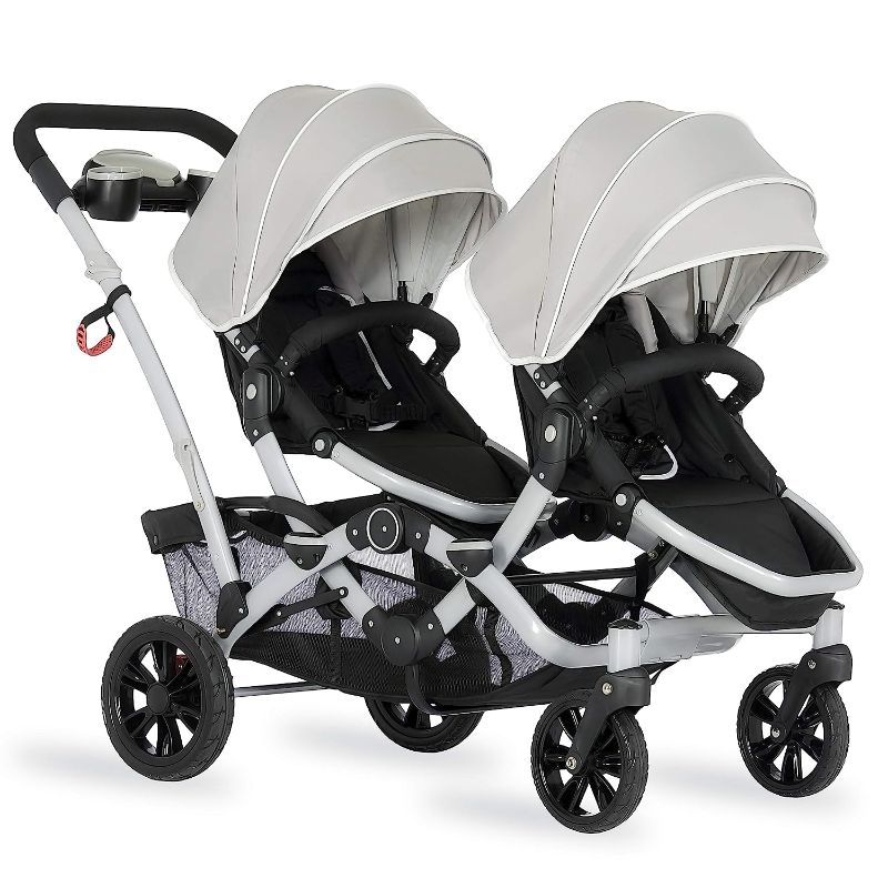 Photo 1 of Dream On Me Track Tandem Double Umbrella Stroller in Light Grey, Lightweight Double Stroller for Infant and Toddler, Multi-Position Reversible