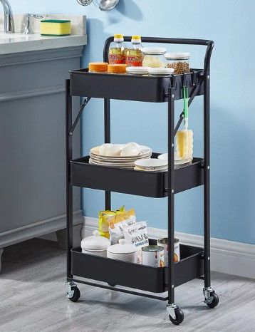 Photo 1 of 3 Tier Metal Rolling Cart, Utility Cart, Foldable Heavy Duty Bar Cart, Storage Rolling Cart
