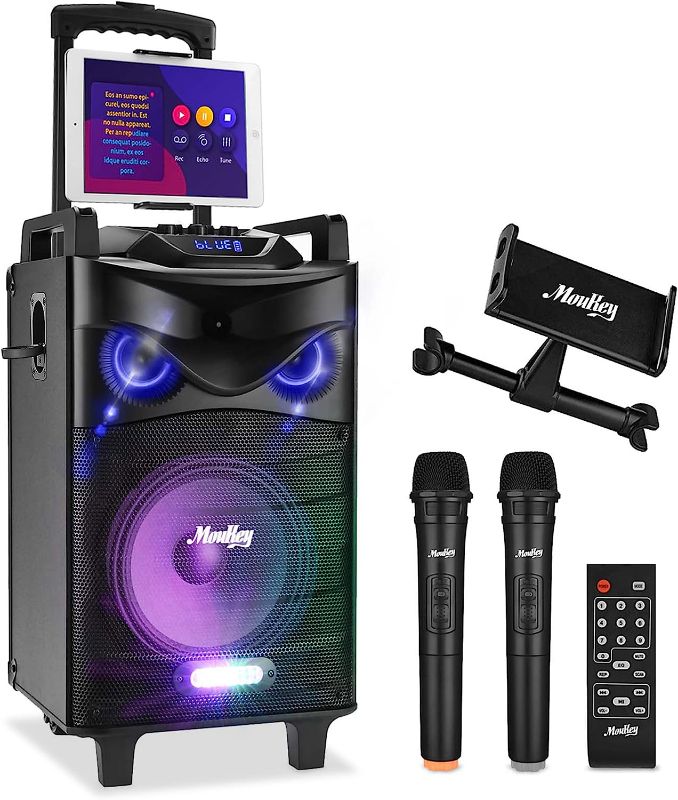 Photo 1 of ***PARTS ONLY NOT FUNCTIONAL***Moukey Karaoke Machine, PA System Woofer, Portable Bluetooth Speaker w/ 2 Wireless Microphones, Lyrics Display Holder, Party Lights & Echo/Treble/Bass Adjustment, Support TWS/REC/AUX/MP3/USB/TF/FM
