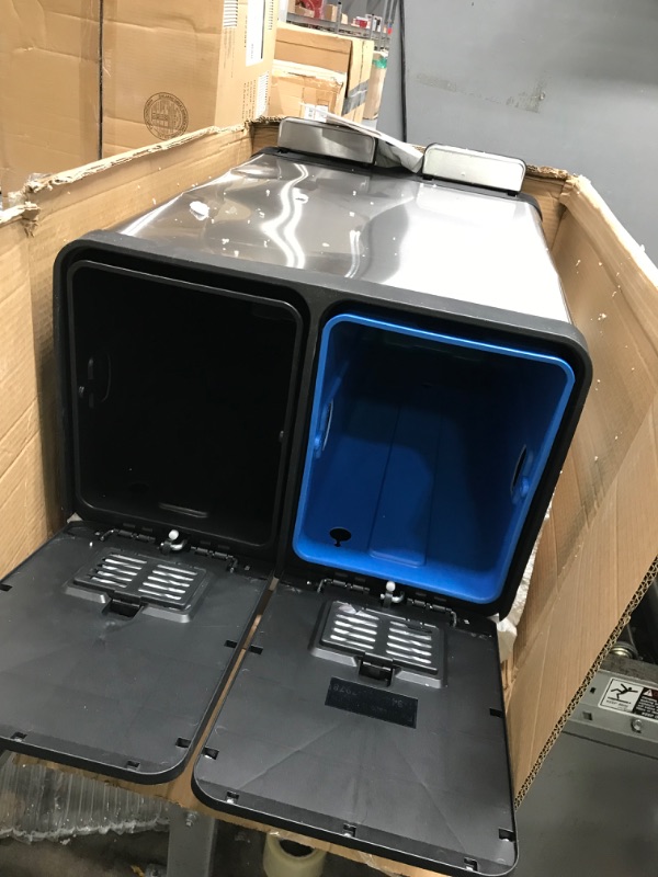 Photo 2 of **cosmetic damage: minor dents***
iTouchless SoftStep 16 Gallon Kitchen Step Trash Can & Recycle Bin with Double Odor Filters and Removable Color-Coded Buckes, Stainless Steel, 2 x 8 Gallon (30L), Soft Close Lid and Airtight Seal Softstep 8+8 (Filters) Tr