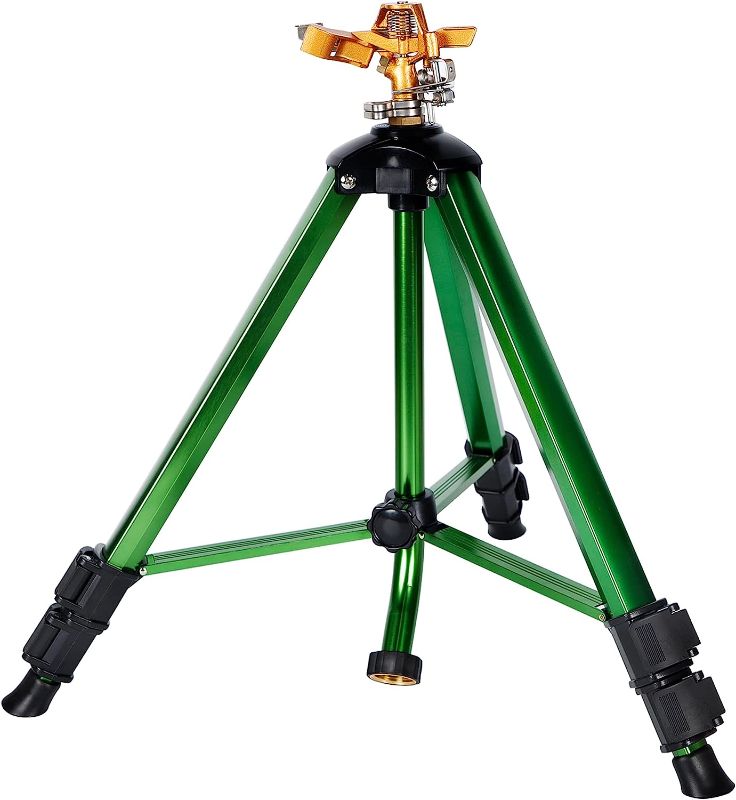 Photo 1 of **one leg missing rubber shoe**
Biswing Impact Sprinkler Head on Tripod Base, Heavy Duty Lawn Sprinkler, 360 Degree Large Area Irrigation, Brass Sprinkler Nozzle & Solid Alloy Metal Extension Legs Flip Locks, 1 Pack
