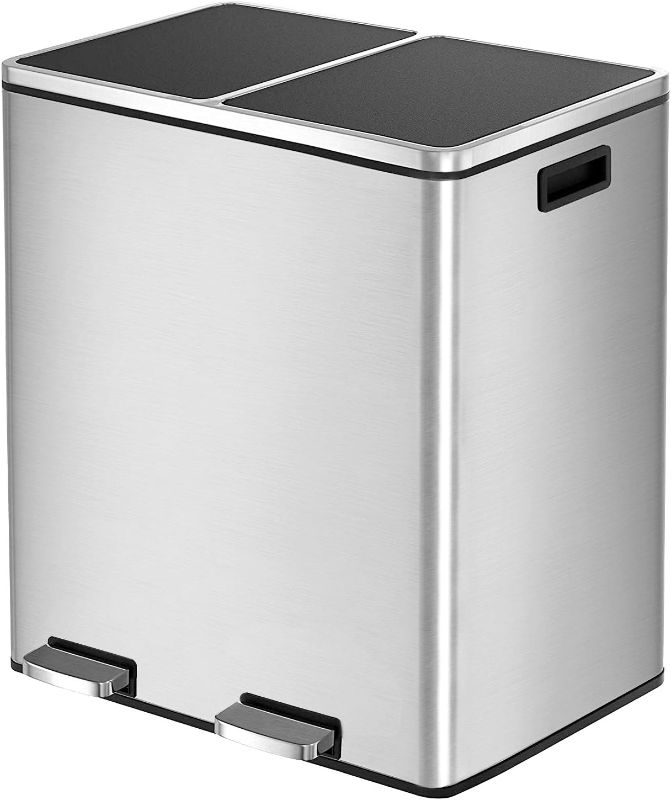 Photo 1 of  Dual Trash Can, 16 Gallon (2X30L) Step Rubbish Bin, Stainless Steel Double Compartment Classified Recycle Garbage Pedal Dustbin, Suit for Bathroom...
