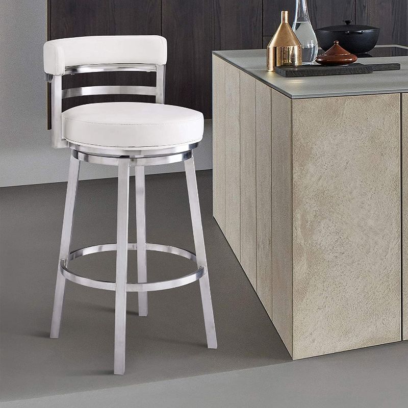 Photo 1 of **missing hardware**
Armen Living Madrid Contemporary 26" Counter Height Barstool in Brushed Stainless Steel Finish and White Faux Leather
