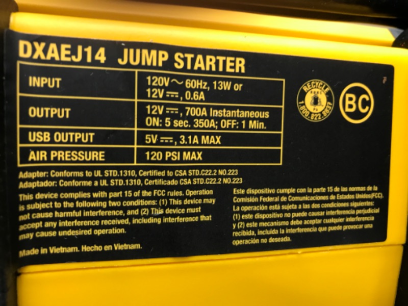 Photo 4 of DEWALT DXAEJ14 Digital Portable Power Station Jump Starter: 1400 Peak/700 Instant Amps, 120 PSI Digital Air Compressor, 3.1A USB Ports, Battery Clamps , Yellow