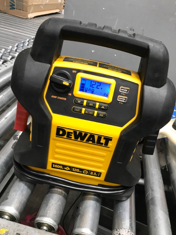 Photo 2 of DEWALT DXAEJ14 Digital Portable Power Station Jump Starter: 1400 Peak/700 Instant Amps, 120 PSI Digital Air Compressor, 3.1A USB Ports, Battery Clamps , Yellow