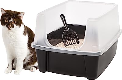 Photo 1 of (Missing part)IRIS USA Open Top Cat Litter Tray with Scoop and Scatter Shield, Sturdy Easy to Clean Open Air Kitty Litter Pan with Tall Spray and Scatter Shield, Black/Clear