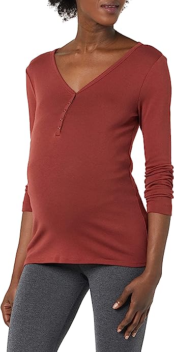 Photo 1 of Amazon Essentials Women's Maternity Nursing Slim-Fit Henley Shirt, Dark Red, XXL