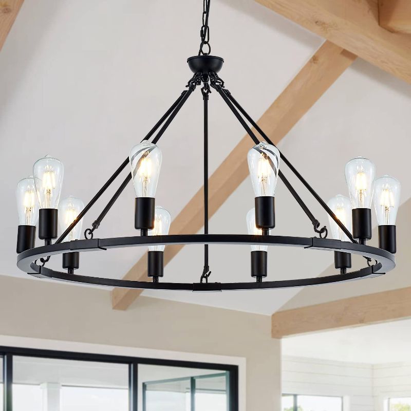 Photo 1 of *different than stock photo* Lighceac 31" Modern Farmhouse Wagon Wheel Chandelier Light Fixtures for Dining Room 10-Light Rustic Round Candelabra Chandeliers Hanging Ceiling Pendant Lighting for Kitchen