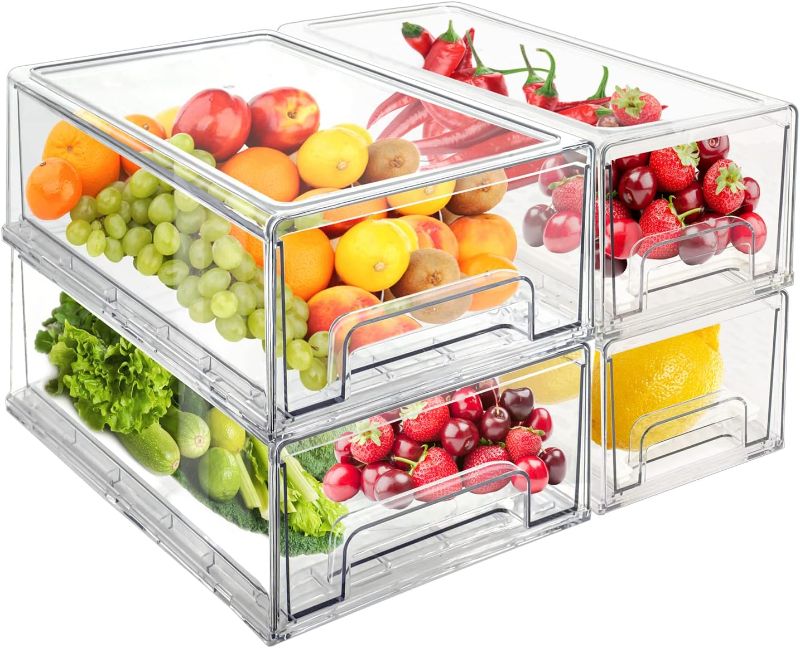 Photo 1 of *DAMAGED* Mano 4Pack Clear Fridge Drawers Pull Out Stackable Refrigerator Drawer Organizer Bins Pantry Storage Box Plastic Food Containers for Kitchen Bathroom Office...
