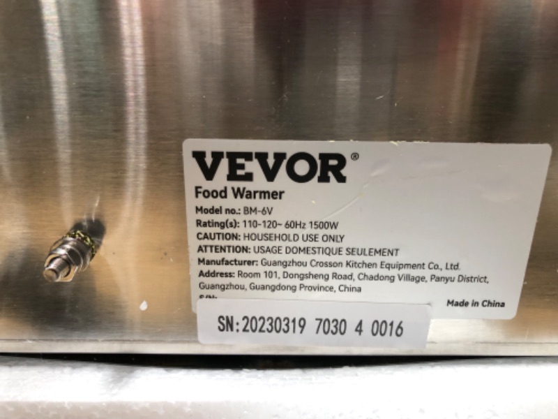 Photo 5 of *** NEW *** VEVOR 110V 6-Pan Commercial Food Warmer, 1200W Electric Steam Table 15cm/6inch Deep, Professional Stainless Steel Buffet Bain Marie 32 Quart Capacity for Catering and Restaurants 6x1/3GN, 6-Pan, 32 Qt