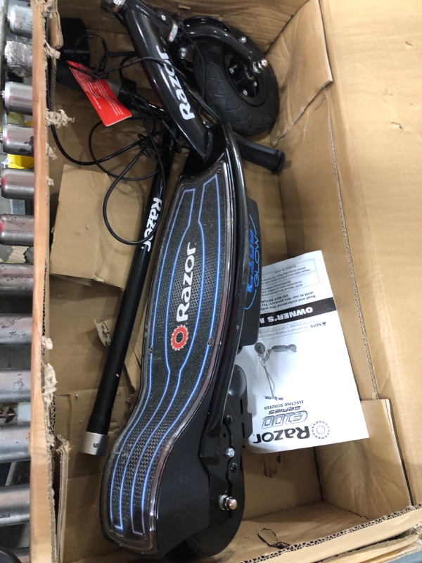 Photo 2 of *****PARTS ONLY-USED*****Razor E100 Electric Scooter for Kids Ages 8+ - 8" Pneumatic Front Tire, Hand-Operated Front Brake, Up to 10 mph and 40 min of Ride Time, For Riders up to 120 lbs