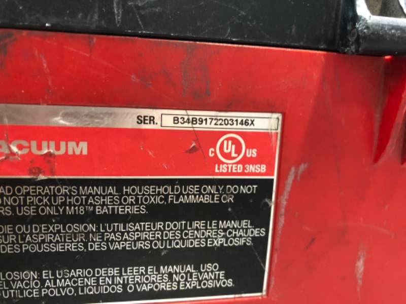 Photo 4 of **PARTS ONLY**
Milwaukee 0880-20 18-Volt Cordless Wet/Dry Vacuum, Red (Vacuum-Only)