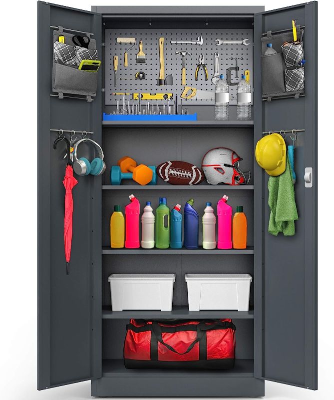 Photo 1 of METALTIGER Metal Storage Cabinet - Multifunctional Garage Storage Closet with Doors, Adjustable Shelf Height and Leg Levelers, Includes Pegboard and Accessories, 900 lbs Full Capacity (Dark Gray)
