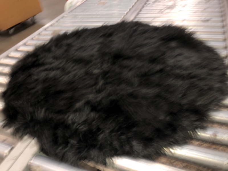 Photo 3 of 36" Diameter Circular Black Shag Faux Sheepskin Bottom Area Rug 