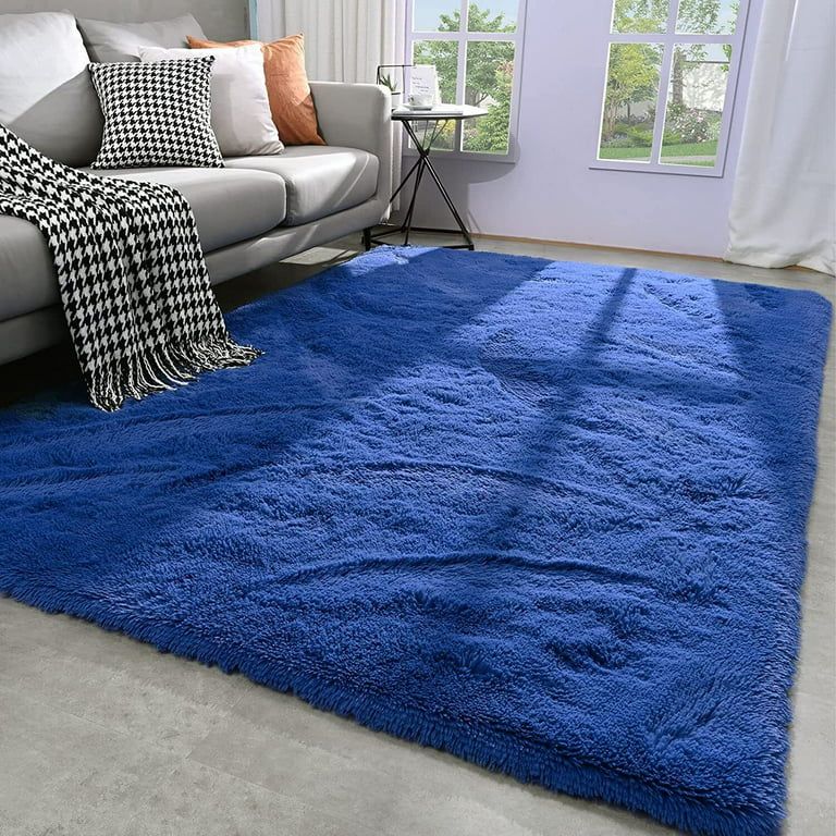 Photo 1 of 72x48" Medium Shag Faux fur Plush Area Rug, Electric Blue Non-Skid Backing (Beige Floral Print) 