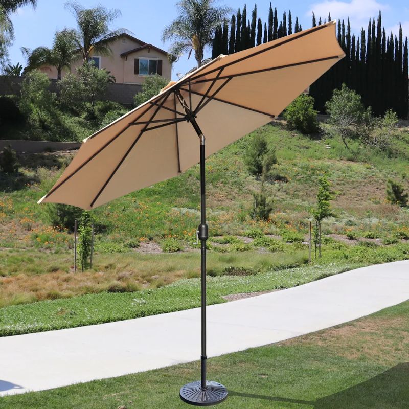 Photo 1 of (SEE NOTES) Davee Furniture 9ft Round Outdoor Market Patio Umbrella with Tilt, Easy Crank Lift, Tan color