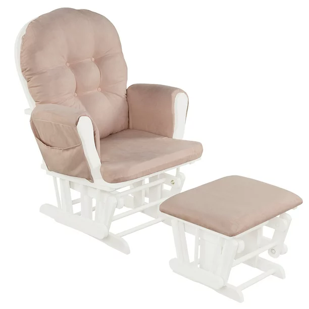 Photo 1 of (see notes) Rocking Chair Baby Nursery Chair Glider with Ottoman &Storage Pocket Pink (White wood/Beige Cushion) 