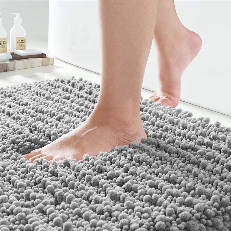 Photo 1 of 24x17 Short Grey Chenille Soft Shag Bathroom Rug 100% Polyester  Thermo-Plastic Non-Slip Rubber Backing 