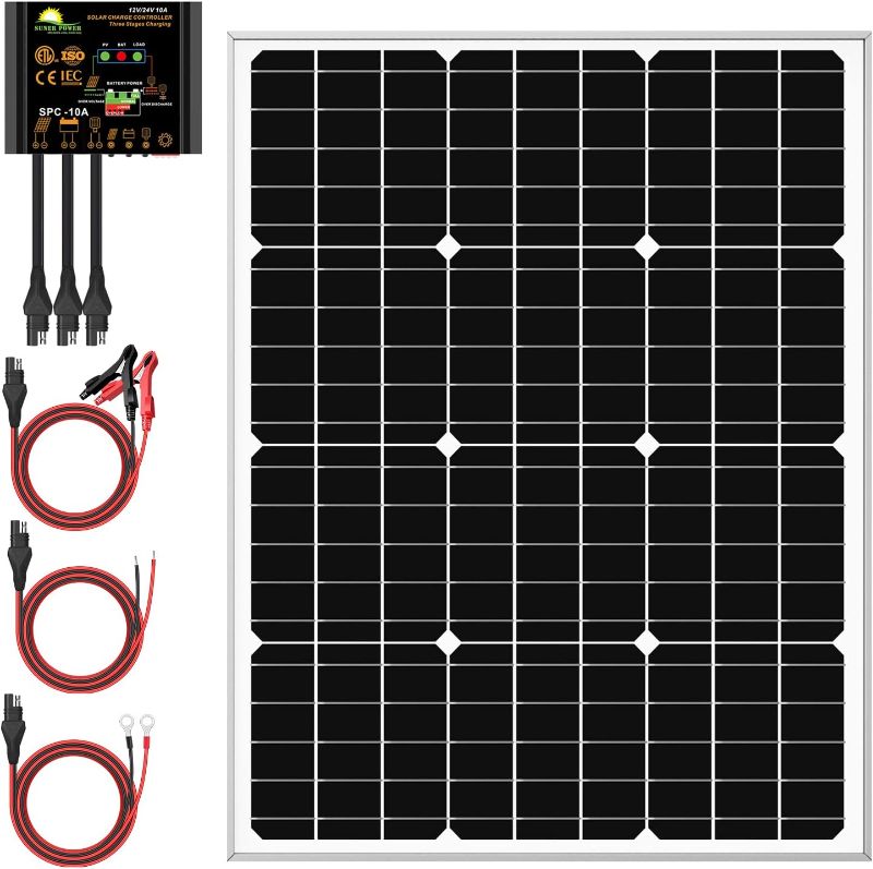 Photo 1 of SUNER POWER 50 Watts Mono Crystalline 12V Solar Panel Kits - Waterproof 50W Solar Panel + Upgraded 10A Solar Charge Controller + 3-PCS SAE Cable Adapters for Car RV Marine Boat Trailer Off Grid System