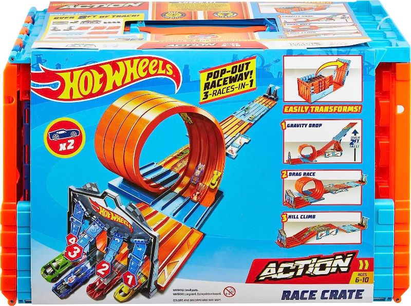 Photo 1 of ?€?Hot Wheels Race Crate with 3 Stunts in 1 Set Portable Storage Ages 6 to 10 [Amazon Exclusive] & Set Of 10 1:64 Scale Toy Trucks And Cars For Kids And Collectors (Styles May VaRY] Race Tracks + Hot Wheels Set Of 10