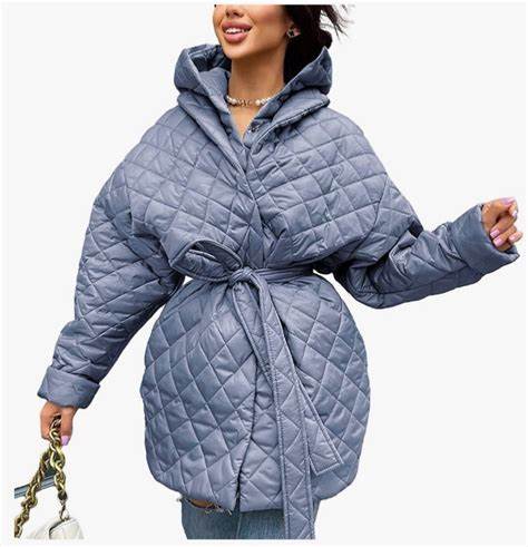 Photo 1 of BTFBM Women Button Down Quilted Jacket Coat 2023 Fall Winter Fashion Belt Pockets Removable Padded Hood Puffer Outerwear light blue size large 