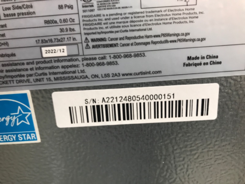 Photo 4 of **DAMAGED**  Frigidaire EFR285-AMZ, 2.5 cu ft Refrigerator, Stainless Steel Door, Platinum Series