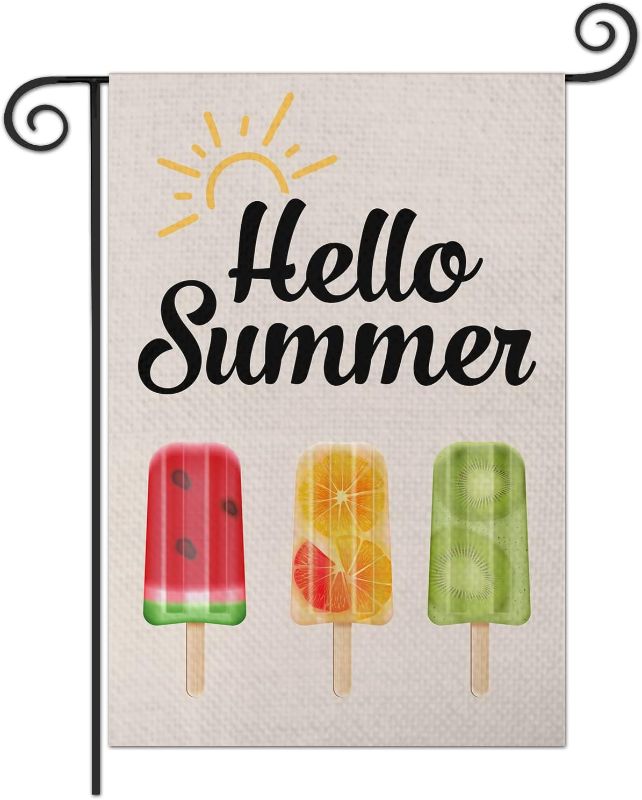 Photo 1 of 2 PACK**Hello Summer Garden Flag Funny Seasonal Garden Flags for Outside 12 x 18 Inch Double Sided Popsicles Premium Burlap Outdoor Yard Lawn Flags Fruit Ice Cream Porch Patio Farmhouse Decorative
