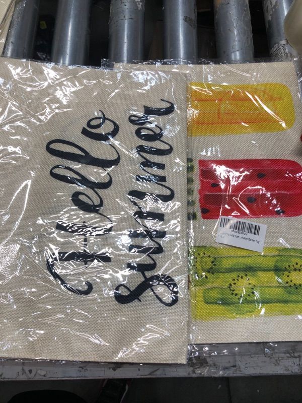 Photo 1 of 3 PACK**Hello Summer Garden Flag Funny Seasonal Garden Flags for Outside 12 x 18 Inch Double Sided Popsicles Premium Burlap Outdoor Yard Lawn Flags Fruit Ice Cream Porch Patio Farmhouse Decorative
