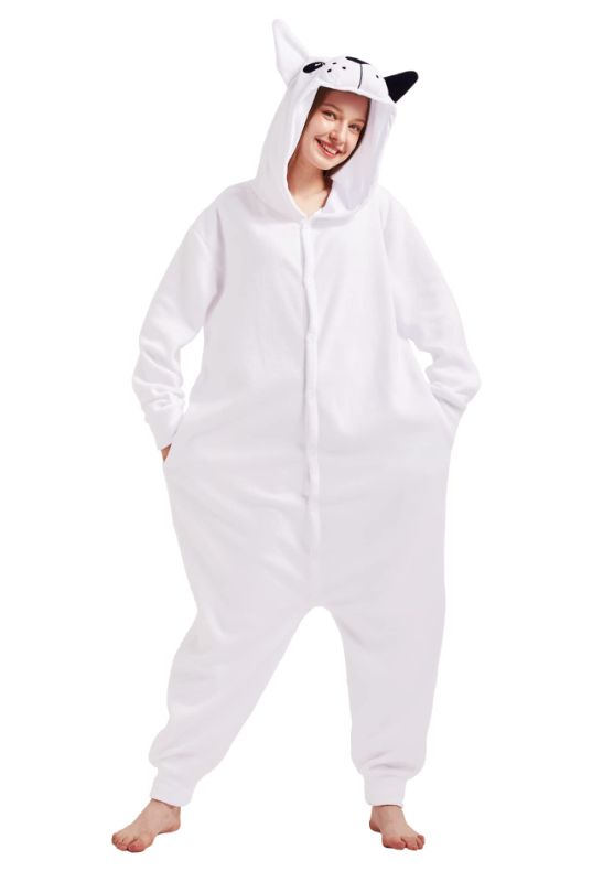 Photo 1 of DRESSFAN UNISEX ANIMAL BULLDOG COSTUME ONESIE PAJAMAS HOODED HALLOWEEN COSPLAY COSTUME CHRISTMAS PAJAMAS ADULTS TEENS KIDS MEDIUM WHITE
