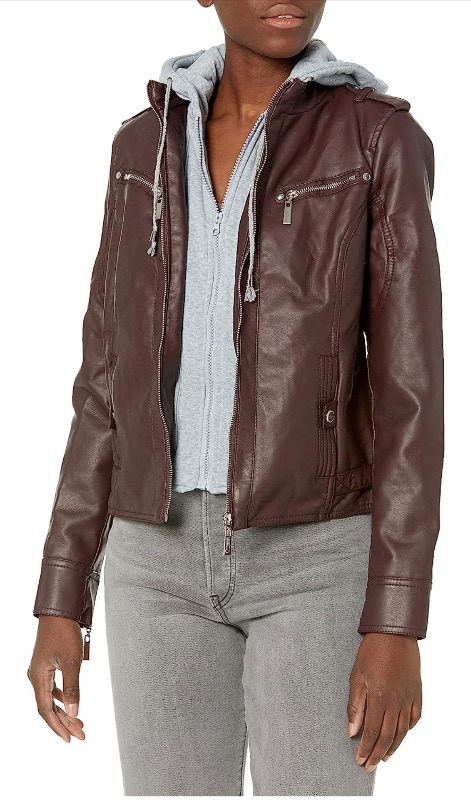 Photo 1 of JOUJOU Women's Vegan Leather Jacket with Faux Fur Lining & Removable Fleece Inner Hoodie