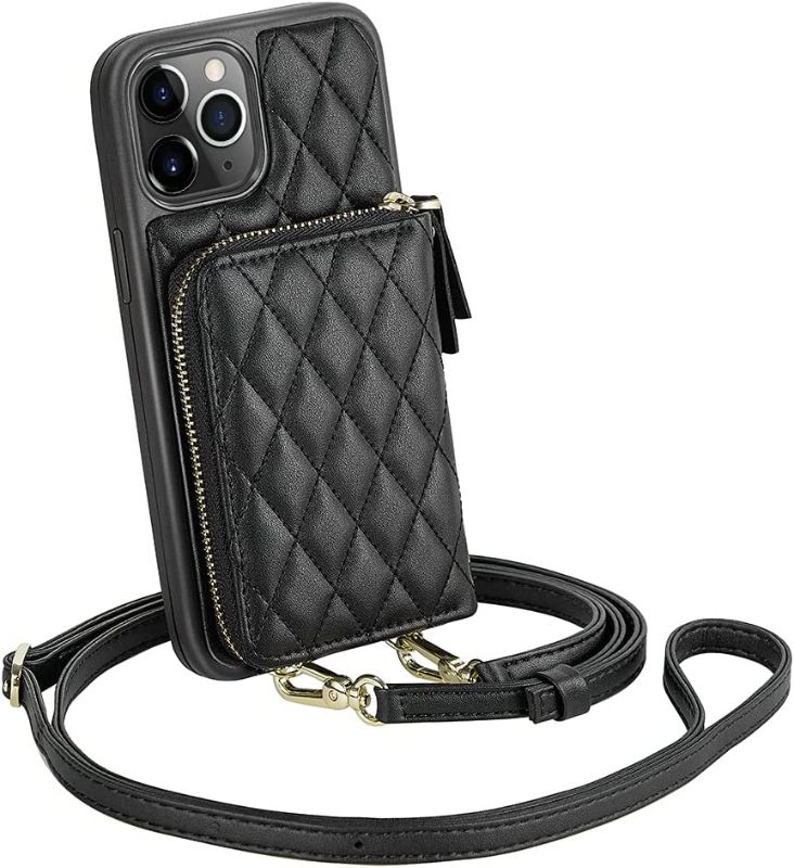 Photo 1 of LAMEEKU iPhone 11 Pro Max Wallet Case, Zipper Wallet Case Card Holder Quilted Leather Crossbody Wallet Case for Lady with Wrist Strap Shockproof Case Compatible with iPhone 11 Pro Max, 6.5 Inch-Black